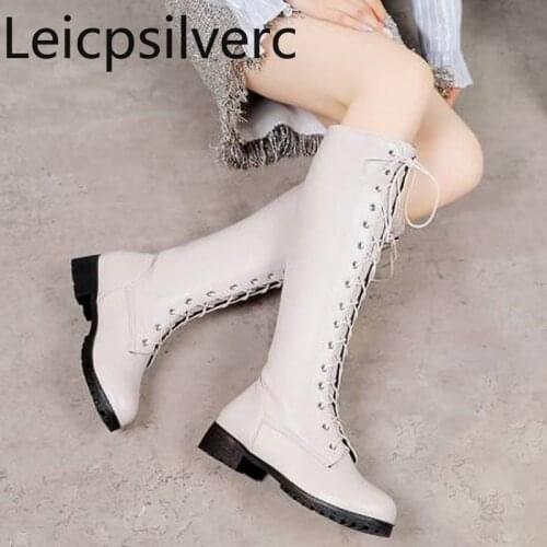 Womens Boots Autumn And Winter The New fashion Round head Lace-up Thick heel Low-heeled High tube Womens shoes plus size 34-48