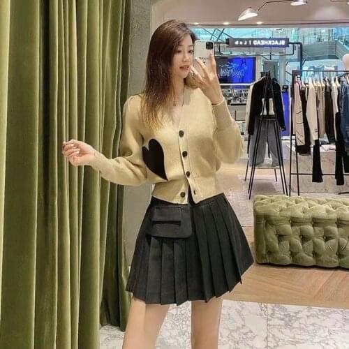 Knit sweater coat womens puff sleeve retro Japanese tops womens V-neck love khaki coat loose cardigan sweater simple