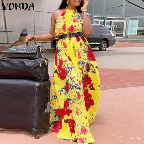 Women Summer Party Dress 2021 VONDA Beach Sundress Sexy Slip Dress Floral Printed Holiday Sundress Casual Vestidos Robe Femme