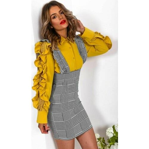 Woman Dress Check Dog Tooth Frill Ruffle Pinafore High Waist Bodycon Party Dress Holiday Casual Slim Dresses for Women