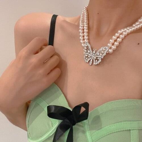 Trendy Butterfly Necklace for Women Imitation Pearls Cuban Link Chain Girl Choker Hip Hop Pendant Sexy Outfits Jewelry