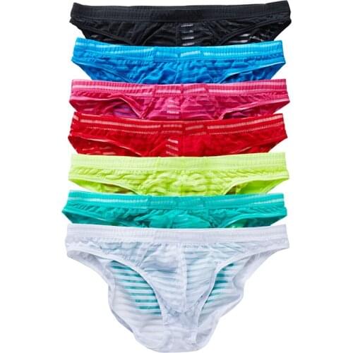 7PCS Thin Ice Silk Transparent Cueca Underwear Striped Men Briefs Sexy Lingerie Sheer Mens Seamless Underwear Slip Homme
