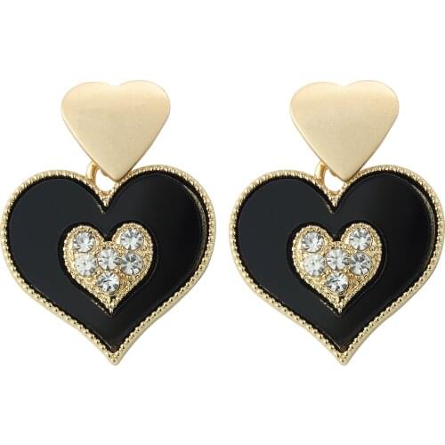 Dvacaman 2021 Trendy Enamel Rhinestone Multilayered Heart Earrings Women Metal Red Black Love Heart Drop Dangle Earrings Jewelry