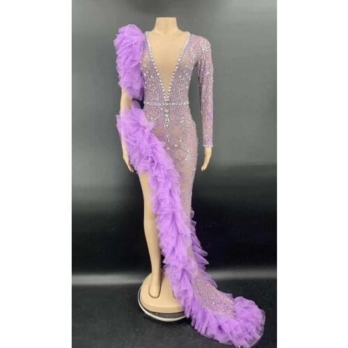 Purple Color Ladies Sparkly Silver Rhinestones Ruffles Bottom Long Dress Red Carpet Celebrity Dress Performance Stage Wear