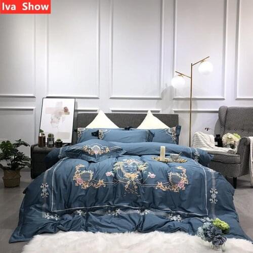 Iva Show Blue Gray Long-staple Cotton Bedding Set Exquisite Embroidery Bed Set Blue Pillowcase Queen King Size Bed Four-pieces