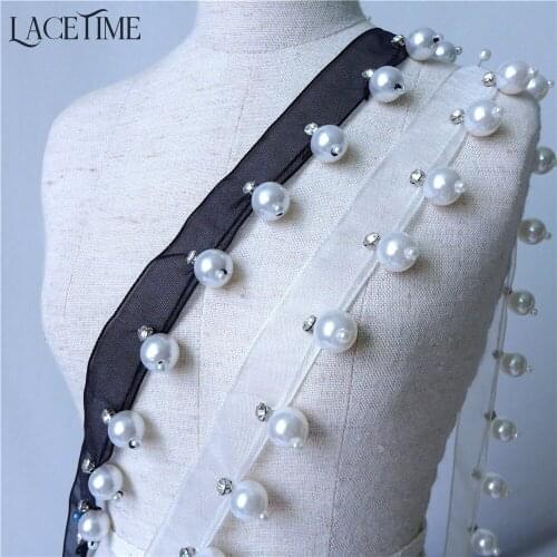 Exquisite Pearl Beaded Lace Trim With Rhinestone In Black/White Color Lace Ribbon For Bridal Headpiece, Jewelry Design 5 Yards