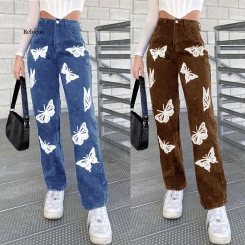 Butterfly Print Capris Female Black Graphic Jean Casual Vintage Denim Pants Empire Waist Long Trouser Girl Jeans For Women