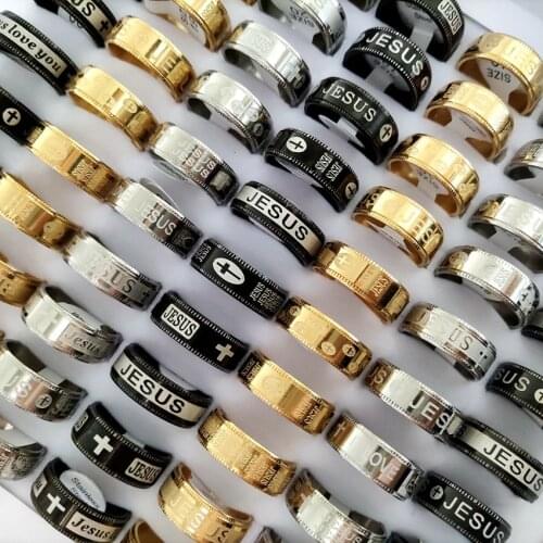 Wholesale 30PCS/LOT Multi-design Mix Jesus Cross Ring Black Silver Gold 8MM Religious Stainless Steel Rings 2021 New Style