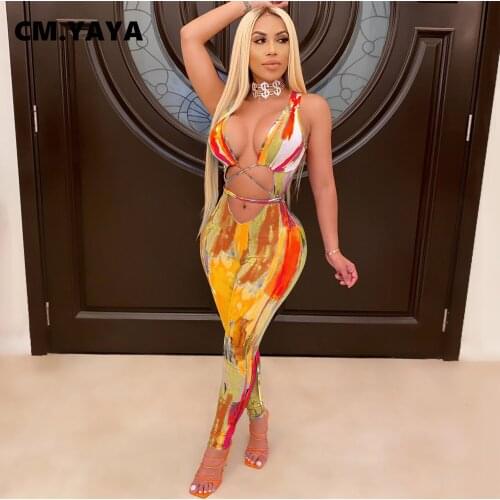 CM.YAYA Women Tie Dye Print Lace Up Sleeve Bodycon Jumpsuit Beach Sexy Night Party Cut Out Romper Overalls