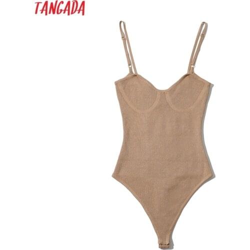 Tangada Women Sexy Candy Color Spaghetti Adjust Bodysuit Female Knitted Bodycon Overalls Summer Knit Bodysuits 2LK1