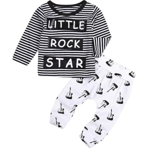 2021 New Autumn Cute Cartoon Gitar Baby Boys Girls Long Sleeve Clothes Set Casual Letter Striped Top Print Pants Outfit 0-18M