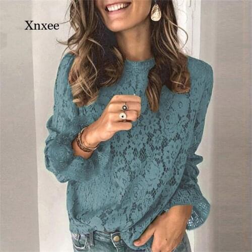 O Neck Floral Lace Shirt Spring Summer Female Blous Elegant Flare Long Sleeve Blouse Shirts Sexy Women Hollow Mesh Blusa Tops