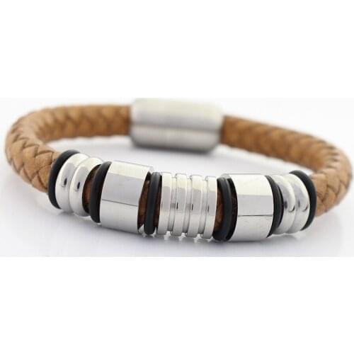 Men Wristband 8MM Genuine Braided Leather Bracelet 316 Stainless steel Charms Big Hole Bead Bracelets with Magnet Clasp
