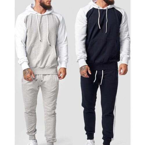 Autumn Winter 2021 Men Hoodie Sweatshirts Pants Suit Contrast Color Hooded Loose Drawstring Men Sports Suit for Casual Clothing