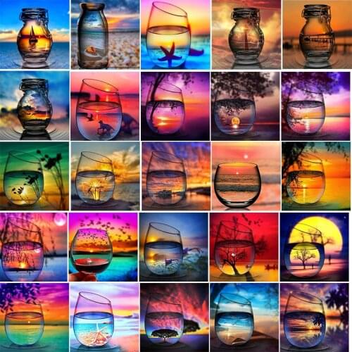 5D Diy Full Round Diamond Painting Kit Drill Wine Glass Landscape Moonlight Sunrise Seaside Beach Reflection Diamond Embroidery