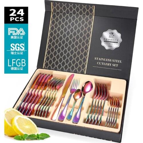 24PCS Tableware Gold Cutlery Set Dishes Dinnerware Set Knives Forks Spoons Western Kitchen 18/10 Stainless Steel Dinner Gift