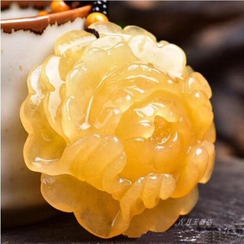 Natural china HUANGLONG jade Hua kai fu gui peony flower pendant women style large Sweater chain necklace Fine Jewelry