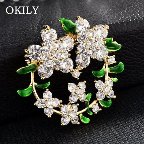 New Garland Cubic Zircon Flower Brooch Gold Color with Enamel Leaf Bouquet Brooches Pin Bridal Wedding Jewelry Scarf Pins Gift