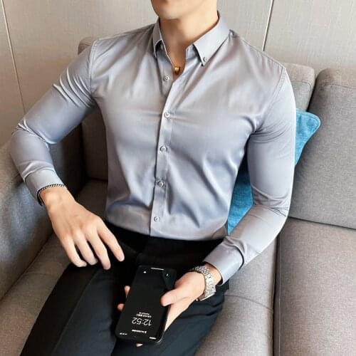 2021 New Fashion Long Sleeve Shirt Solid Slim Fit Male Social Casual Business White Black Dress Shirt
