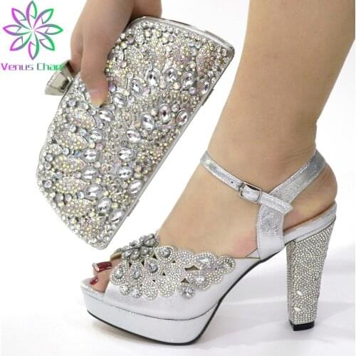 New Silver Color Italian Shoes and Bags To Match Shoes with Bag Set Decorated with Rhinestone African Women Shoes and Bag Set