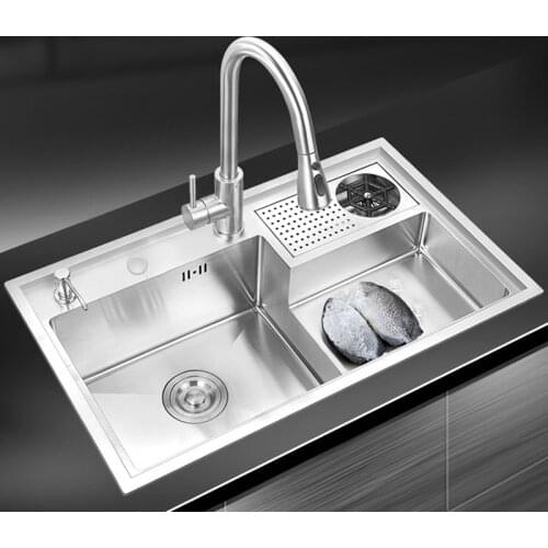 Cup Rinser Stepped Sink 304 Stainless Steel Handmade Brushed Large Size 3 Holes Luxury Single Cup Rinser Kitchen Stepped Sinks