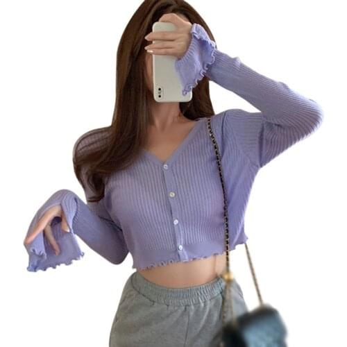 Autumn Knitted Exposed Umbilical Ice Silk Sweater Single-Breasted V-Neck Long Sleeve Sunscreen Solid Color Cardigan