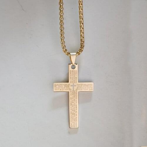 Religious Stainless Steel Lords Prayer Bible Cross Pendant Necklace Christmas Gift Gold Color Christian Jewelry Dropshipping
