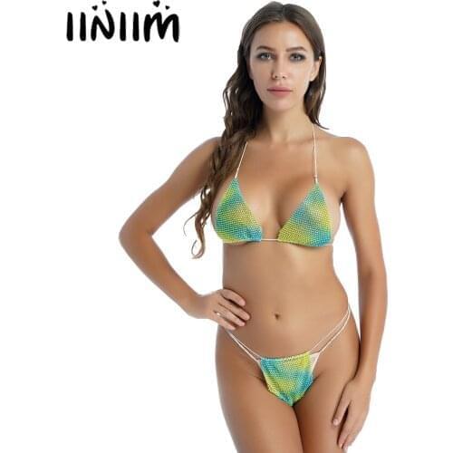 Sexy Women Micro Bikini Set Shiny Rhinestone Lingerie Sets Fashion Summer Underwear Swimwear Halter Bra Top with G-string Thongs