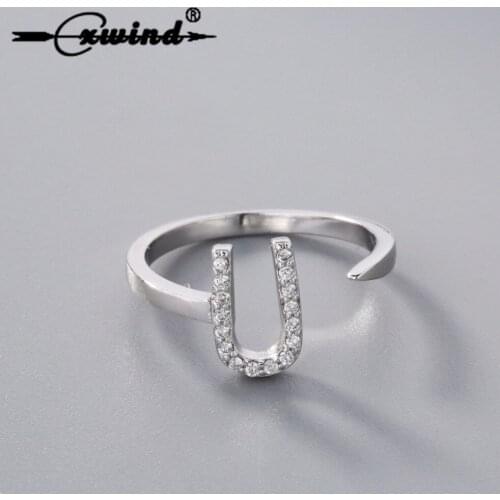 Cxwind Cute Zircon Crystal Custome Letter U Shaped Horseshoe Rings for Men Women Open Finger Ring Fashion Initial Jewelry
