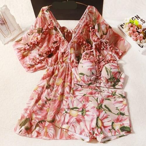 STAERK 2020 New South Korea ins fairy fan floral dress conservative cover belly show thin big size split three piece swimsuit