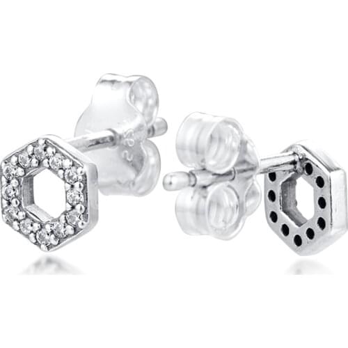 Sparkling Honeycomb Hexagon Stud Earrings 925 Sterling Silver Jewelry Free Shipping