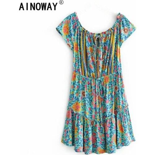 Vintage chic women off shoulder floral print beach bohemian rayon dresses ladies short sleeve Mini Boho dress vestidos