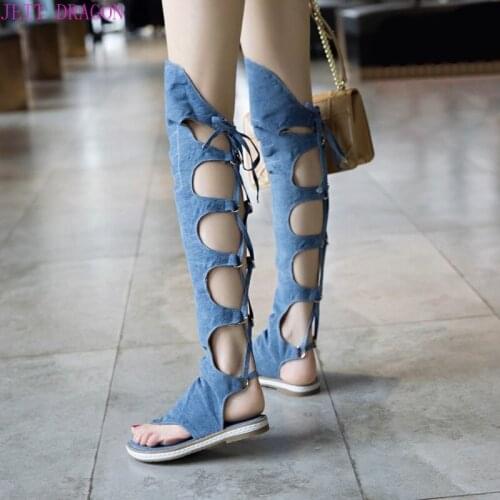 Women Sandals Flat Beach Shoes Denim Clip Toe Lace Up Knee High Gladiator Summer Boots JETT DRAGON Sexy Fashion Casual Black 39