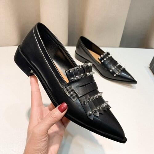 Womens Pointy Toe Rivet Tassels Studs Genuine Leather Chunky Low Heel OL Spring Styles Shoes Loafers Slip On 5Colors New 2021