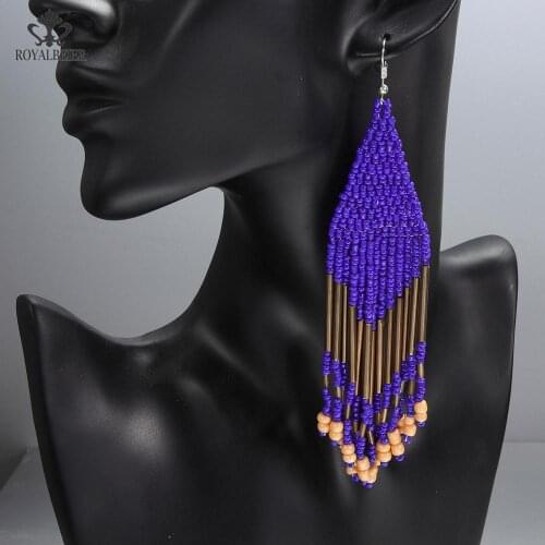Womens Handmade Ear Hook Earrings Purple Boho Long Tassels Lop Earrings Ethnic Jewelry Multicolor Beaded Tassel Earrings