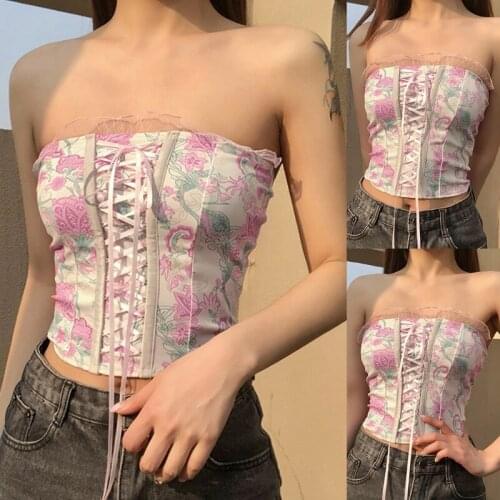 Women Sexy Strapless Corset Crop Top Vintage Floral Print Slim Bandeau Camisole Criss Cross Lace-Up Ruffled Lace Bustier