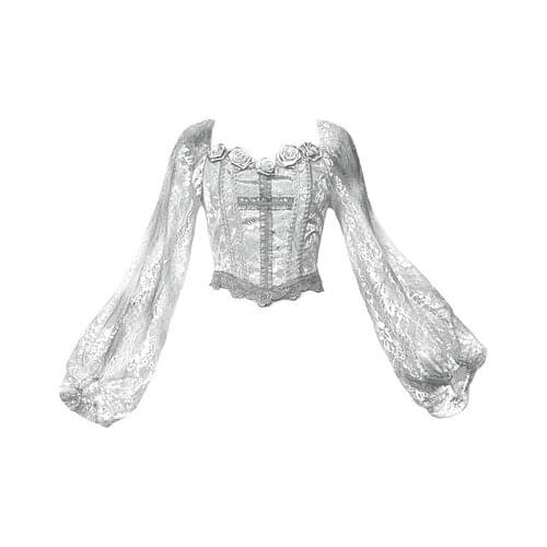 Autumn Hot Girl Gothic Harajuku White Lace Fishbone Jacquard Lantern Sleeve Fashion Punk Top