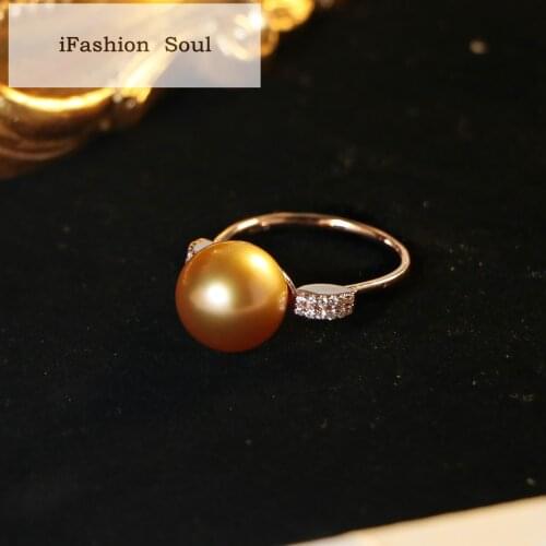 18K import Solid Rose Gold Jewelry(AU750) Women South Sea Golden Pearl Diamond Ring Natural Diamond Engagement Wedding Ring