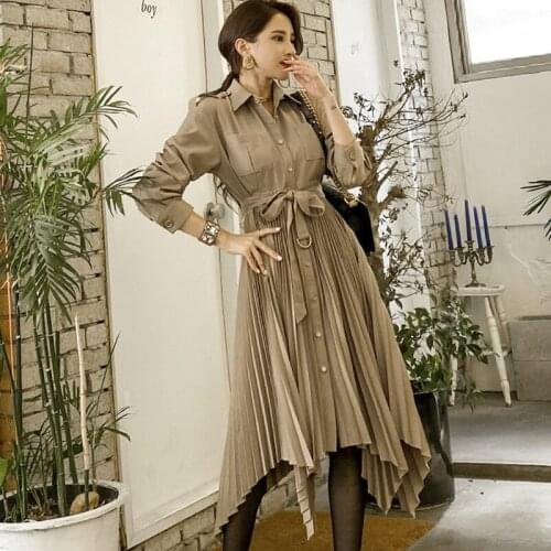 Korean Style New Temperament Vintage Lace-Up Dress Women Fashion Splicing Autumn Chic Irregular Pleated Shirt Dresses
