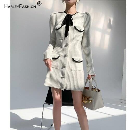 HARLEYFASHION Elegant Decorate Pearl Button Solid Color Knitted Skirt Women Chic Lace Up Bow Quality Mini Dress High Street