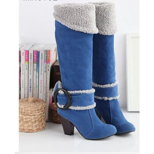 Winter High Heeled Knee High Boots Elegant Sexy Big Buckle Female Women Fur Boots Shoes Woman Big Size Dropshipping Fulfillment