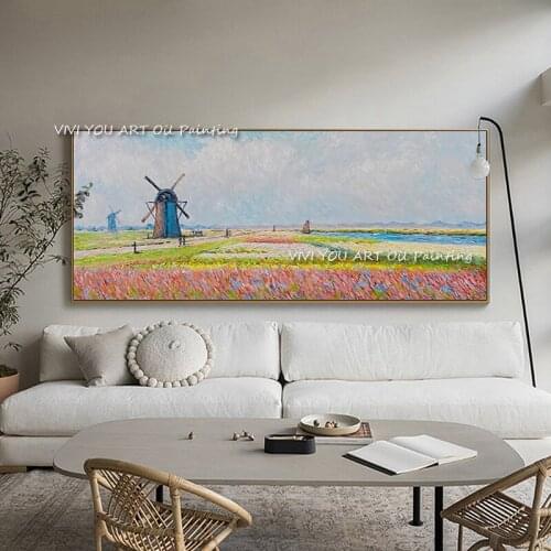 100% Handmade Windmill Oil Painting Landscape Pink Flower Scenery Large Size Modern Canvas Painting For Home Room Decoration
