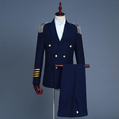 2021 Fashion New Men Captain Uniform Military Suits Double-breasted Suit Dress Tassel Epaulet Personality Costume Host Dj Suit