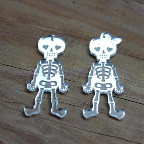 4pcs ) 63.5mm Acrylic Skull Earrings, Halloween Skull Ornaments Silver Mirror Laser Cutout 2.5"-AC1408