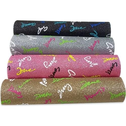 English Letter Printed Shiny Sparkling Very Soft Fine Glitter Faux Leather Fabric Sheet for Making Clothing/Bag/Shoe/Craft