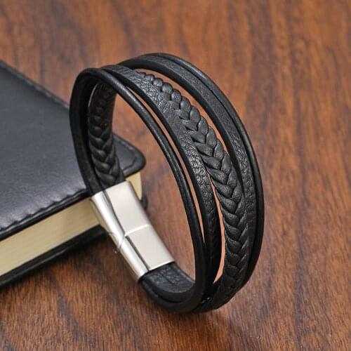 New TeHao Fashion Mens Woven Multilayer Brown Leather Accessories Bracelet Birthday Gift Stainless Steel Magnet Bracelet
