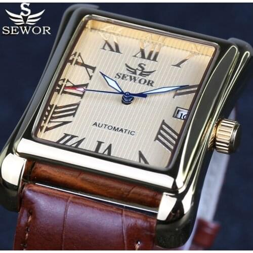 Sewor Watch Fashion Roman Display Rectangle Watches Men Gold Automatic Mechanical Wristwatches Reloj Hombre Relogio Masculino