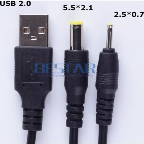 Black 1 in 2 out USB A male to DC 2.5*0.7 2.5 mm x 0.7 mm & DC 5.5*2.1 5.5 x 2.1 5.5/2.1 male Barrel Jack charging Power Cable