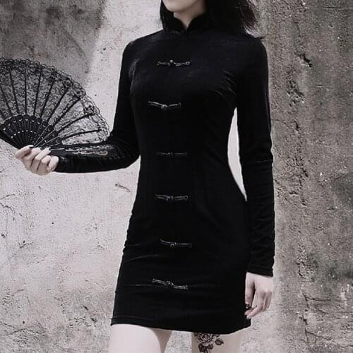 Chinese Vintage Dress Gothic Long Sleeve Button Zipper Slim Mini Dress Harajuku Autumn Street Elegant Dark Black Dress Female