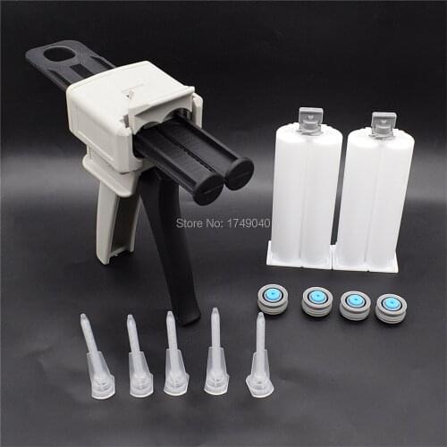 Glue Gun 50ml 1:1 Adhesive Gun Dispenser Manual Caulking Gun with 2 Set 50ml 1:1 Empty Dual Cartridge 5pc Static Mixing Nozzle